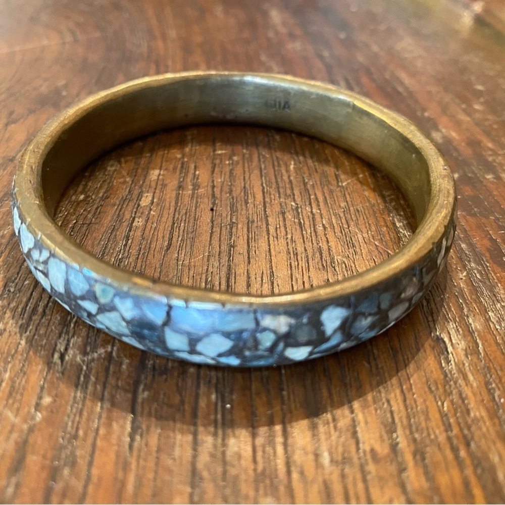 Handmade Brass Inlaid Gemstone Bracelet Blue White Vintage Retro Jewelry India